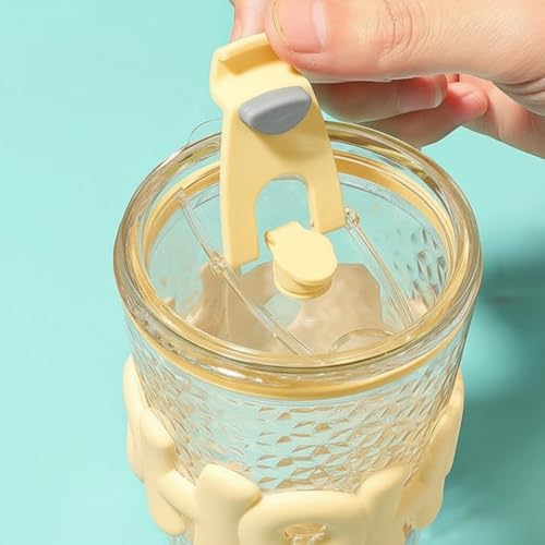 Image of Glass Sipper Tumbler with Straw | Set of 2 | 450ml Stylish Cup for Cold & Hot Drinks | Reusable Travel Mug for Office, Gym, Home (Transparent, Yellow)