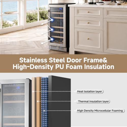 Image of BODEGACOOLER 15 Inch Single Zone Wine Fridge, 41℉ to 72℉, Holds 32 Bottles | Noise Level Below 42 dB, 6-Tier Beech Wood Shelves, Built-in or Freestanding Installation, For Home Kitchen Office
