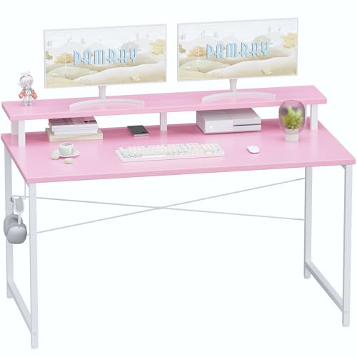 Image of Pamray 47 Inch Small Computer Desk with Monitor Stand, Simple Office Desk with Headphone Hook for Small Spaces, Kids Study Writing Table for Bedroom, Pink