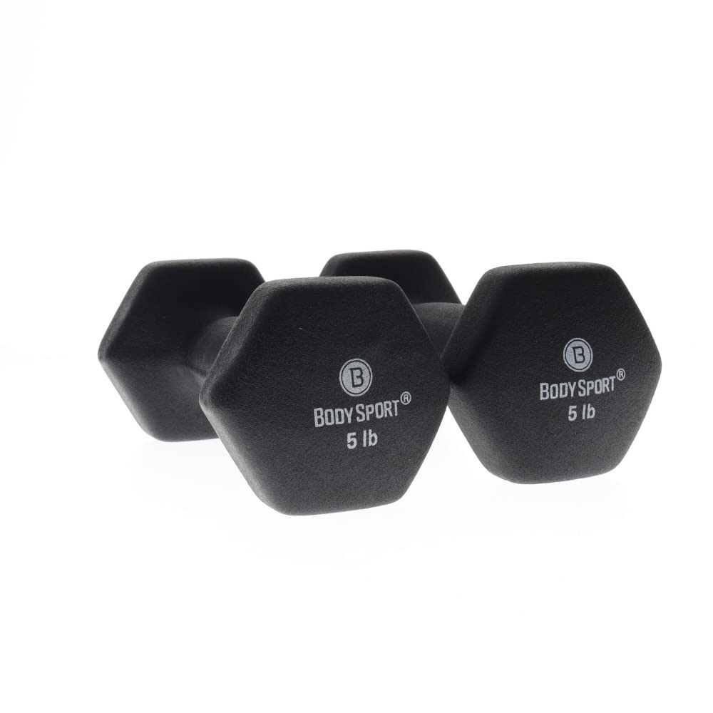 Body Sport Neoprene Dumbbell Weight, 5 lb. (2-Pack) - Latex-Free, Strength Training Equipment for Home Fitness & Gym Workouts (Black)