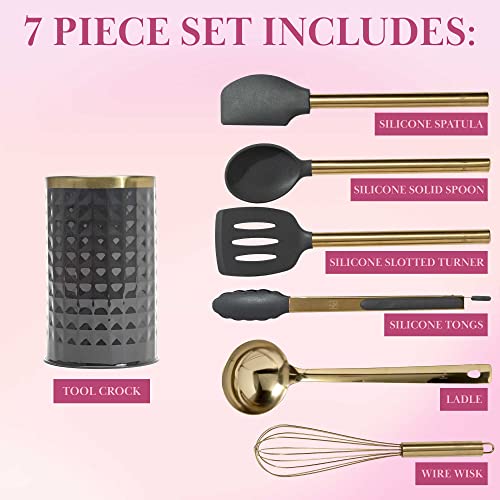 Paris Hilton Kitchen Set Tool Crock With Silicone Cooking Utensils, Stainless Steel Whisk And Ladle, 7-Piece, Gold, Charcoal Gray #TOP3