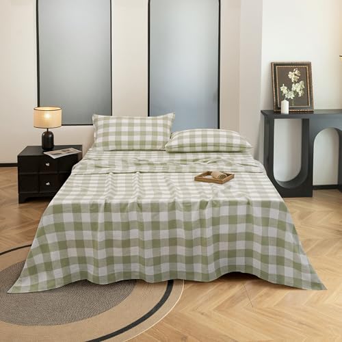 EVERLY Linen Sheets Set Queen Size,100% French Stonewash Pure Linen Sheets Set,4Pieces (1Flat Sheet,1Fitted Sheet,2Pillowcase) Suitable for Hot Sleepers,Deep Pocket Natural Bedding Set-Green Plaid
