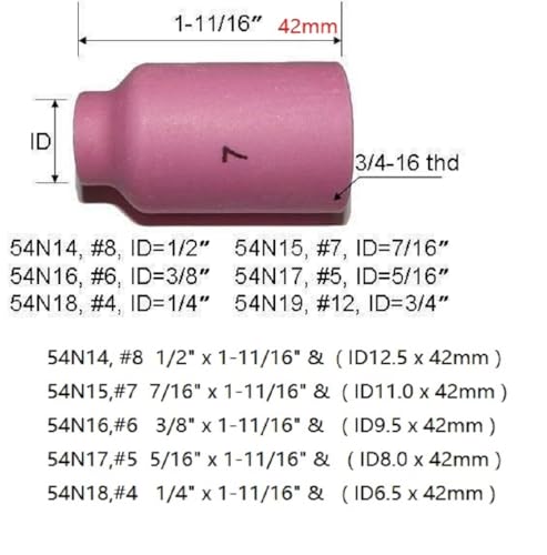 Image of RIVERWELD TIG Gas Lens Alumina Nozzle Ceramic Cups 54N15 7# 7 /16 inch 11.0mm for DB PTA SR WP 17 18 26 TIG Welding Torch Pack of 10 | Shroud Alumina Nozzle for DB PTA SR WP 17 18 26 TIG Welding Torch