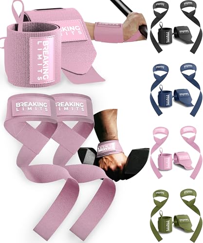 Breaking Limits Gym Straps Weight Lifting Wrist Wraps Bundle – Workout Lifting Straps for Deadlift – Wrist Straps for Weightlifting Men & Women - Muñequeras Para Gym (Pink)