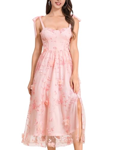 OMEWEE Sommerkleid Damen Elegant Korsett Kleid Sexy Ärmellos Spaghettiträger Blumen Lang Kleid mit Schlitz Freizeitkleid für Hochzeitsgäste 01-Rosa M