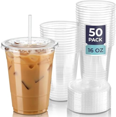 100個クリアプラスチックカップ 16オンス Mサイズ BPAフリー 穴が開いたフラットな蓋付き 使い捨てカップ 冷たいドリンク/コーヒー/アイスティー/スムージー/タピオカドリンクに セット (500ml*100個)