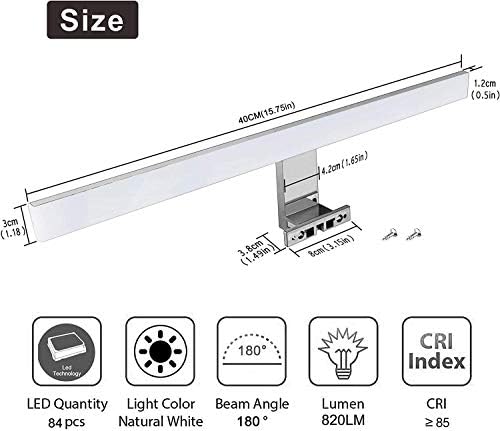 Aogled Led Spiegelleuchte Badezimmer 40 cm 10W 820LM 230V Neutralweiß 4000K,Edelstahl Slim Bad Spiegelleuchte,Klemmplatte am Spiegel/Schrank/Wandbeleuchtung 400mm