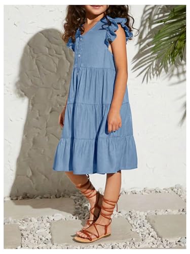 OYOANGLE Girl's Button Front V Neck Tiered Dress Ruffle Cap Sleeve Flowy Knee Length Dresses4