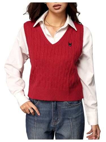 Image of BEAUDRM Women's Embroidery Cable Knit Sweater Vest V Neck Knitted Casual Sleeveless Sweater Pullover Top