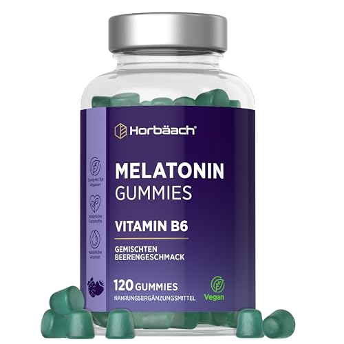 Melatonin Gummies mit Vitamin B6 | 4 Monate Vorrat - 120 Gummibärchen | Hochdosiert Melatonin | Horbaach