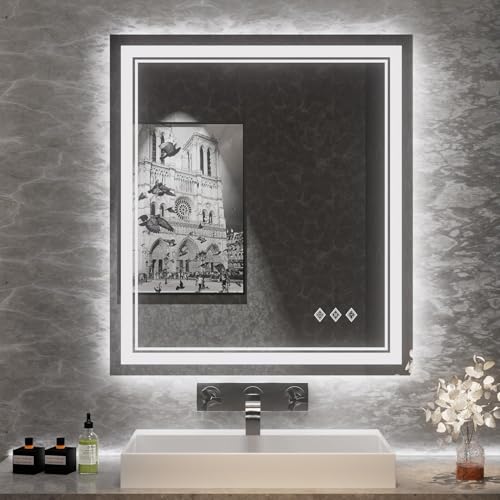 Image of Bathroom Mirror, 32x36 Inch Gradient Front and Backlit LED Mirror for Bathroom, 3 Colors Dimmable CRI>90 Double Lights, IP54 Enhanced Anti-Fog, Hanging Plates Wall Mount LED Mirror