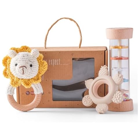 Youuys Wooden Baby Rattle Set (3pcs) - Crochet Rattle Rain Stick Teething Toys, Wooden Montessori Toy for Newborn Infant Baby Rattles Set Toys 3-6 Months(Lion) Cover