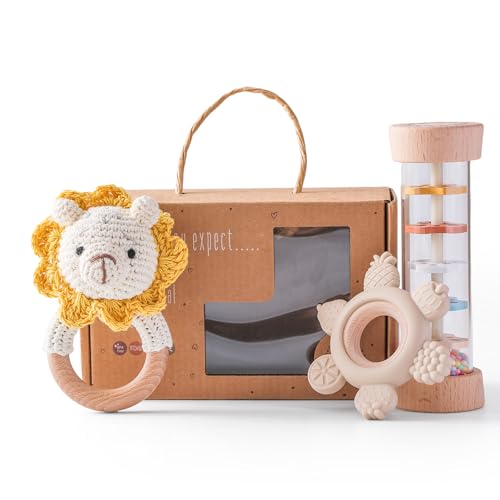 Image of Youuys Wooden Baby Rattle Set (3pcs) - Crochet Rattle Rain Stick Teething Toys, Wooden Montessori Toy for Newborn Infant Baby Rattles Set Toys 3-6-12 Months(Lion)
