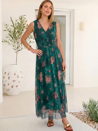 Image of ANRABESS Women's Floral Tulle Wedding Guest Maxi Dress | V Neck Sleeveless,A-Line Elastic Waist,Casual Flowy Formal Boho,Bridal Shower Garden Party Beach Vacation,Summer Fall