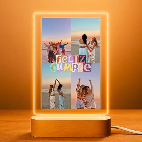 Cristal Plaque Lámparas Personalizadas Feliz Cumpleaños 4 Fotos – Lampara para Fotos con Luz LED y Base de Madera – Regalo Único y Emocional para Toda Ocasión