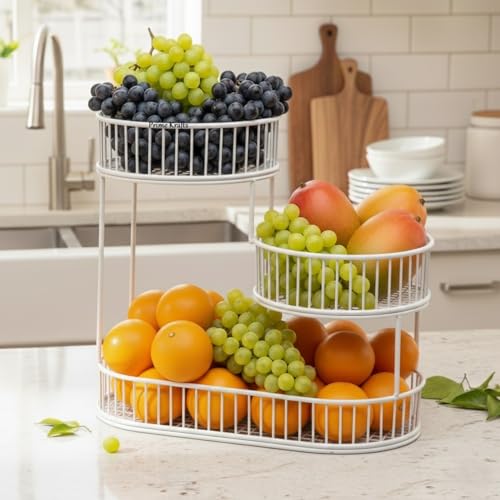 Image of 3 Tier Fruit Basket Bowl for Kitchen | Countertop Metal Wire Kitchen Storage Basket for Fruits, Vegetables and Snacks - White
