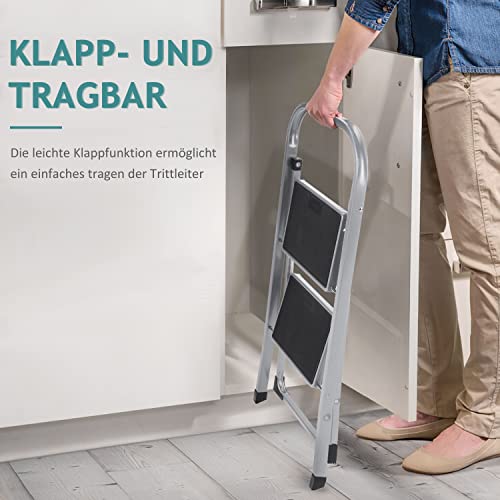 Trittleiter 2 Stufen Leiter Klapptritt Klappleiter Klapptreppe Tritt Haushaltstritt Stehleiter Sprossenleiter klappbar faltbar bis 150 kg (2 Stufen, Silber/schwarz)