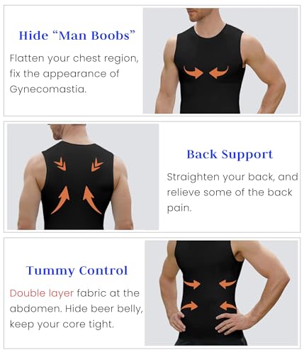 Image of Compression Shirt Men Slimming Body Shaper Vest Crewneck Workout Tank Top | Tummy Control Undershirts, Gynecomastia Compression Shirts, Back Support, Sleeveless Muscle Shirts, Shaping Tank Top