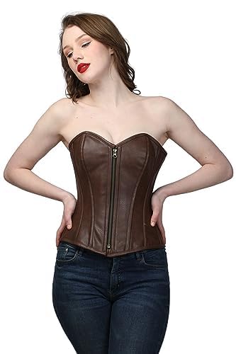 CORSETVOGUE Women's Brown PVC Steel Boned Corset – Original Waist Trainer Bustier Top for Lingerie, Gothic, Steampunk, Costume, or Clubwear