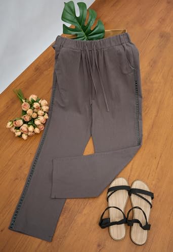 Womens Casual Pants Summer Fall Straight Legs Drawstring Waisted Pant Comfy Lightweight Solid Color Trousers Pocket3