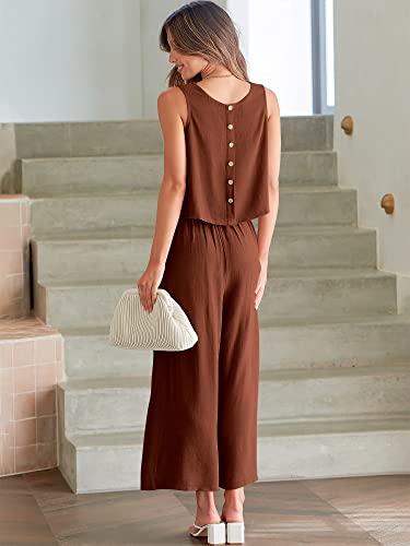 Image of ANRABESS Women's Summer 2 Piece Outfits Sleeveless Tank Crop Button Back Top Cropped Wide Leg Pants Set Pockets