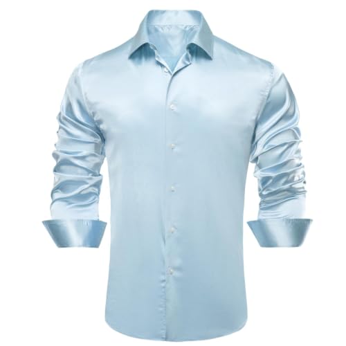 Image of Hi-Tie Men's Silk Satin Dress Shirts Long Sleeve Shiny Casual Button Up Shirts Luxury Party Disco Prom Wedding Shirt