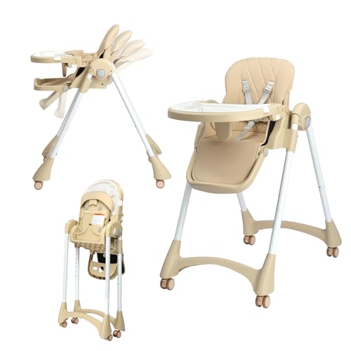 Bonnlo Baby Hochstuhl 7-fach Höhenverstellbar mit Doppeltablett, Kinderhochstuhl ab 6 Monate für Essen, Multifunktionaler Babystuhl, Beige