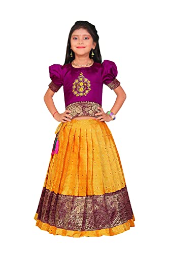 Image of New south Indian traditional pattu pavadai Jecquard Lehenga choli for girls dress