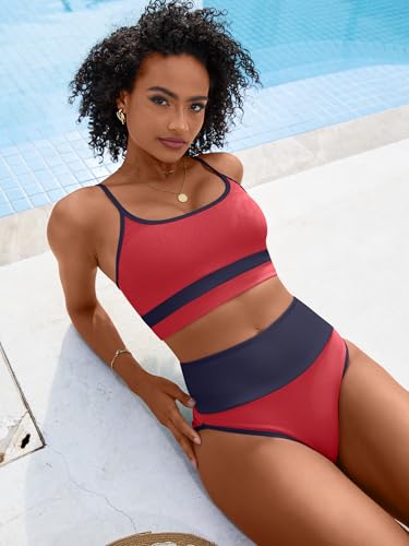 Image of ANRABESS Women's High Waisted Bikini Sets,Color Block 2 Piece Swimsuits,Tummy Control Bathing Suits,Thick Ribbed Beach Wear
