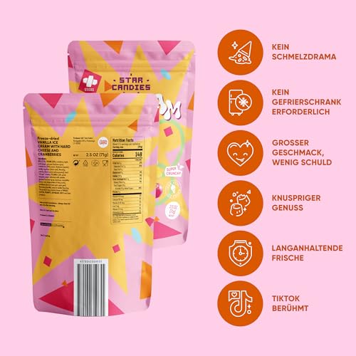 Star Candies Gefriergetrocknetes Hartkäse-Eis mit Preiselbeeren | Gefriergetrocknete Süßigkeiten | Freeze Dried Candy | Weltraum- und Astronauten-Snack | Geburtstags- oder Party (3er Pack)