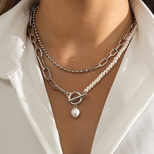 Bethynas Dainty Silver Layered Baroque Pearl OT Clasp Necklace Stacking Beaded Ball Chain Paperclip Pearl Chain Retro Necklace for Women2