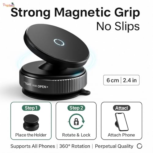 Image of Pereptual 360 Magnetic Car Phone Holder - Vacuum Suction Cup Mount, Hands-Free Phone Stand for Car, Gym, Mirror & Shower, Universal Mobile Compatibility (Non-Extended)