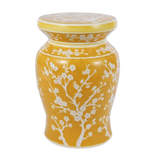 JONATHAN Y Cherry Blossom Ceramic Garden Stool 17.75 Chinoiserie Floral Drum Side Table for Patio and Living Room Indoor Outdoor Plant Stand Traditional Yellow/White TBL1017E