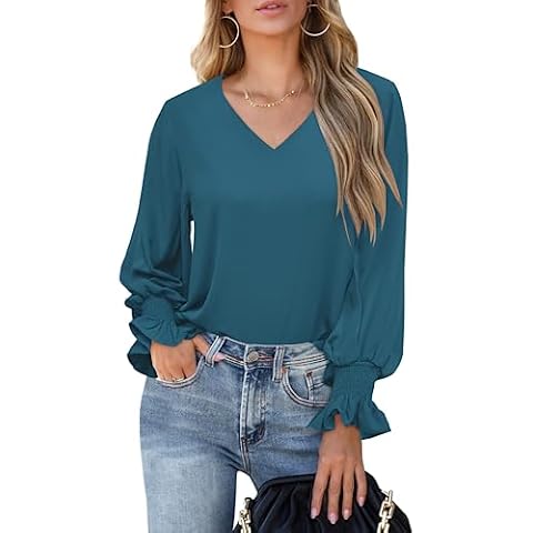 Aifer Womens Blouses Dressy Casual Long Sleeve Spring Tops Trendy Blue Shirts Cute Elegant V-Neck Plus Size Blouse Cover