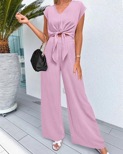 Image of PRETTYGARDEN Women's Summer 2 Piece Outfits 2026 Cap Sleeve V Neck Belted Crop Tops Wide Leg Pant Sets Casual Tracksuit