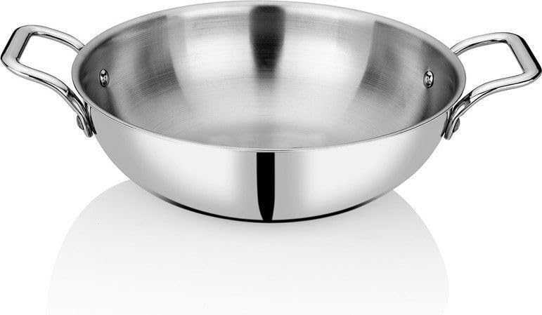 Image of Bhalaria Triply Stainless Steel Kadhai 22cm 2 Litre | Induction Base Deep Fry Pan | Food Grade Heavy Gauge 3 Layer Body | Gas Compatible Cooking Wok for Sabzi & Curry | Dishwasher Safe