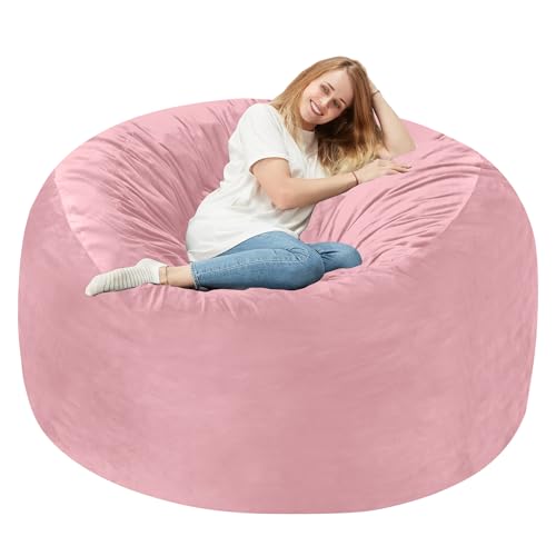 Homguava 4 FT Bean Bag Chair: 4' Bean Bags with Memory Foam Filled, Large Beanbag Chairs Soft Sofa with Dutch Velvet Cover-Light Pink