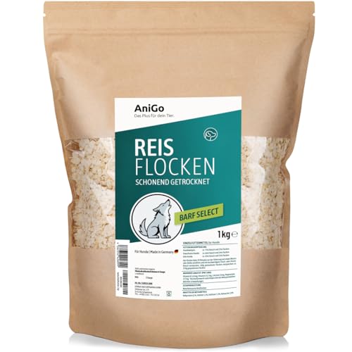AniGo Copos de arroz para perros, 1 kg, copos de arroz, para perros, sin gluten, copos de verduras, perros Barf, Barf