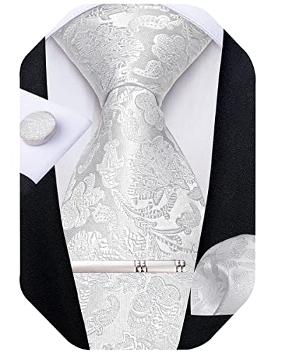 Image of DiBanGu Paisley Ties for Men Silk Necktie and Pocket Square Cufflinks Tie Clip Set Woven Classic Mens Tie for Wedding Party