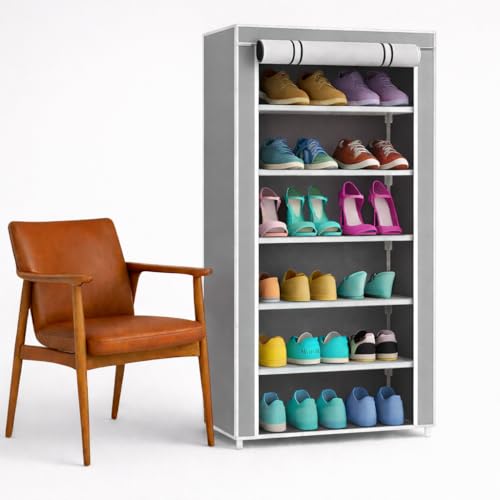 Image of 6-Tier Shoe Rack with Dust-Proof Cover, Black with Gold Trim, Multi-Pair Storage Organiser (Gray)