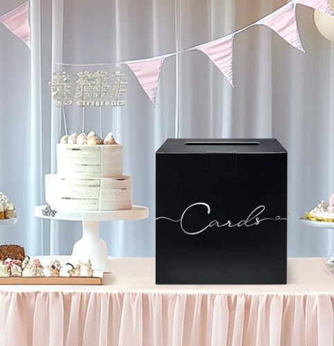 Image of HEIPINIUYE Large Card Box for Party 9.8 inch x 9.8 inch Black Gift Card Box Holder with Silver Foil Design for Wedding Birthday Baby Shower Graduation Retirement Party Raffle Box