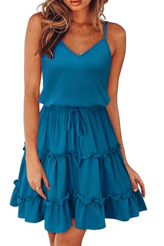 Newshows Sommerkleid Damen Knielang Spaghettiträger Kleid V-Ausschnitt Strandkleider Peacock Blue,S