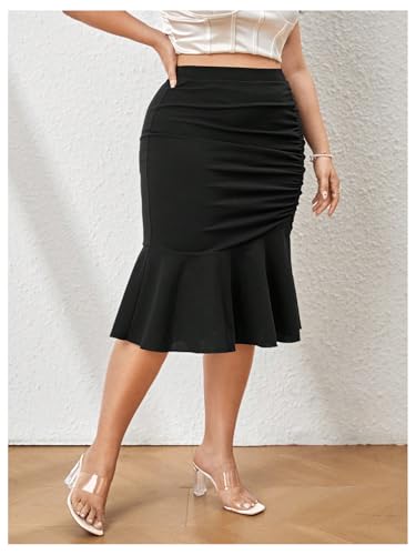 MakeMeChic Women's Plus Size Bodycon Midi Skirt Ruffle Hem Ruched Front Elegant Skirts4