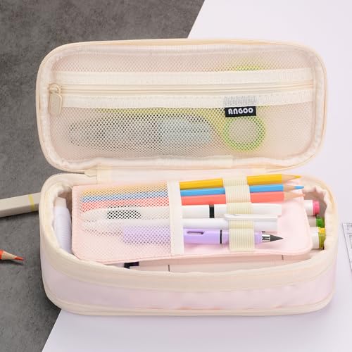 Image of Large Capacity Canvas Pencil Case Organizer Holder Pouch Bag with Zipper Compartments, Pen Cases for Women Girls School Adults (Pink)