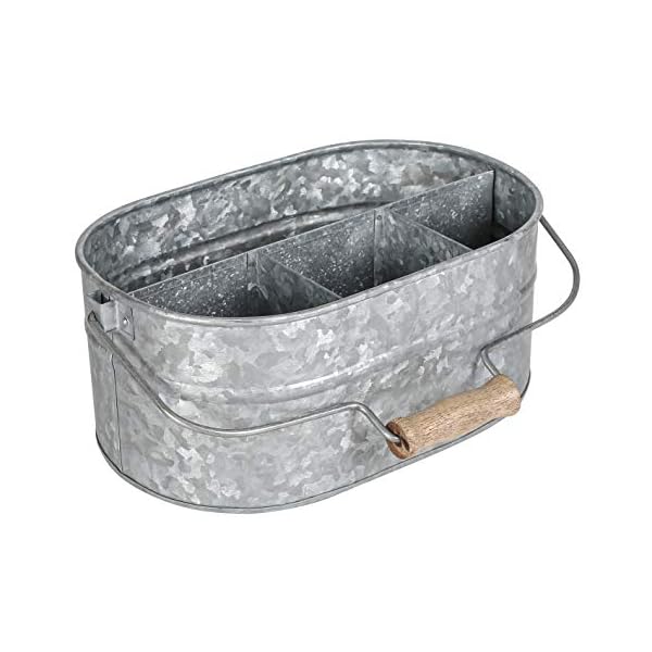 Life By Cotton Farmhouse Galvanized Flatware Caddy Organizer for Home & Kitchen Counter-top/Outdoor Storage Dining Table Comfortable with Wooden Handle Storage - Natural (Size - 13.5L x10W x 5.5H)