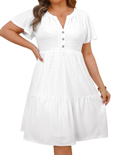 Image of Plus Size Summer Dress - Casual Sundress Beach Short Sleeve V Neck Tiered Button Up Boho Midi Flowy Sun Dresses Women