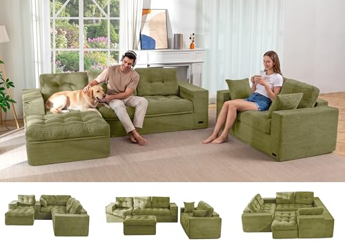 Image of MAXYOYO Modular Sectional Sofa with Ottoman and Loveseat, Cloud Boneless Couch with Layered Cushion, Flexible Module Combination Sofa for Living Room, No Assembly Required,Green