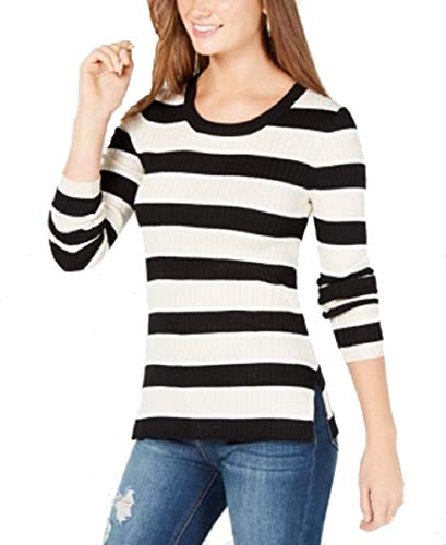 Juniors' Striped Ribbed Lace-Up Sweater (Black Oatmeal Combo, S)