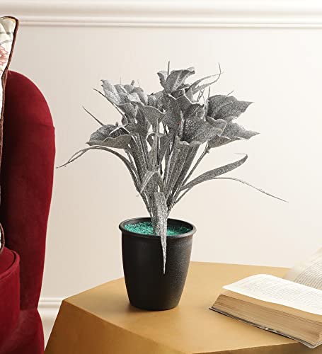 Image of Foliyaj Artificial Silver Artificial Tulip Plant in Black Pot for Interior Decor | Faux Plant for Desks, Shelves and Side Tables for Your Home and Office | Fake Plants for Indoor Decoration