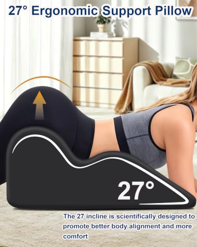 Image of Ergonomic Memory Foam Wedge Pillow, 27 Bed Wedge Support, Black | Reading Reclining Sit Up Support, Upper Body Leg Elevation Comfort, Neck Back Waist Support, Removable Cover, Anti-Slip Base
